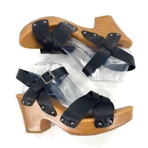 Korks Bagley Black Leather Strappy Wood Platform Block Heel Sandals Womens Sz 11